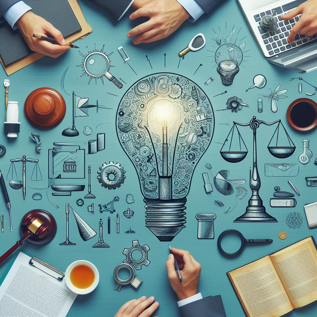 A lightbulb surrounded by legal symbolisms and hands appearing to be holding pens and writing.