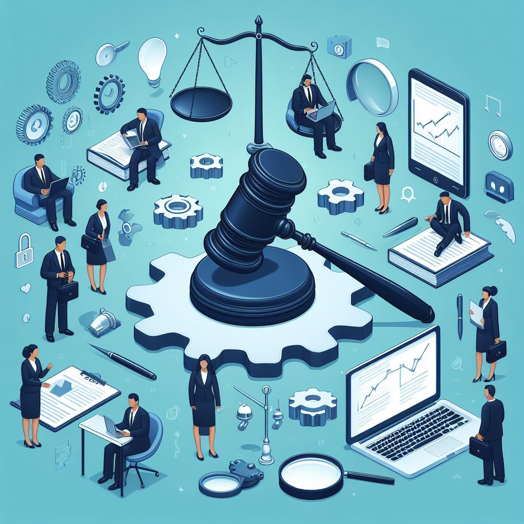 Image of a large gavel surrounded by computers, figures and work-related objects, supposed to show attorneys working on a law firm marketing strategy.