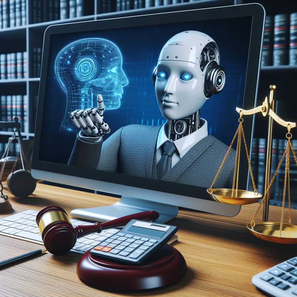 Robot/humanoid on a computer screen. The computer screen is on a wooden desk that contains a number of legal symbolisms, such as a gavel and scales.